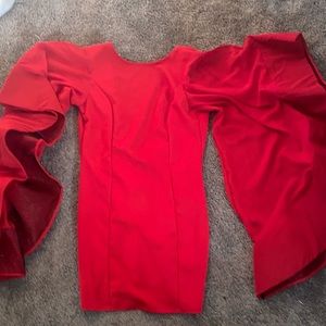 Red Flare Arm, Open Deep V Back Mini Dress